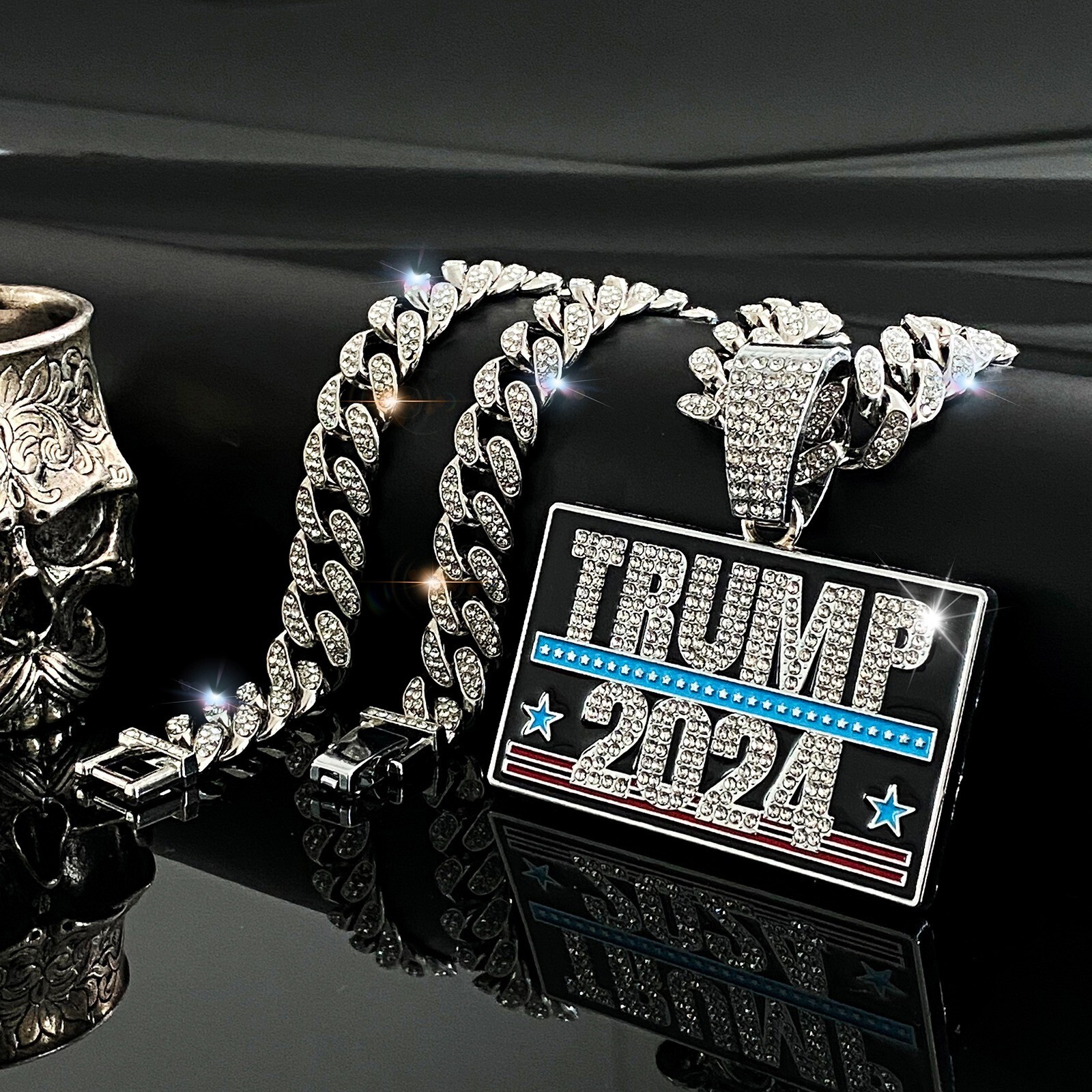 Trump 2024 GEM NECKLACE Gold/Silver Bling Hip Hop Pendant & 24” Chain MAGA