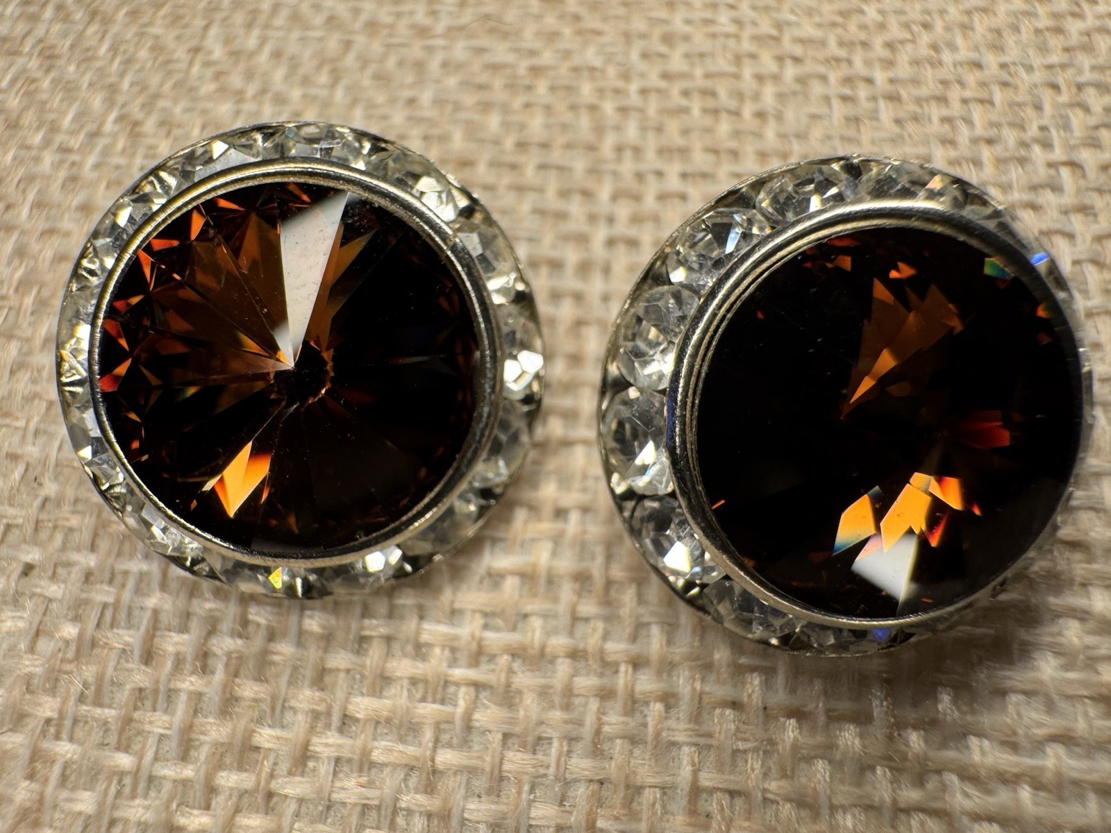 Vintage Round Brownish Amber Crystal Halo Clip-On Stud Earrings Silver Tone 1 in