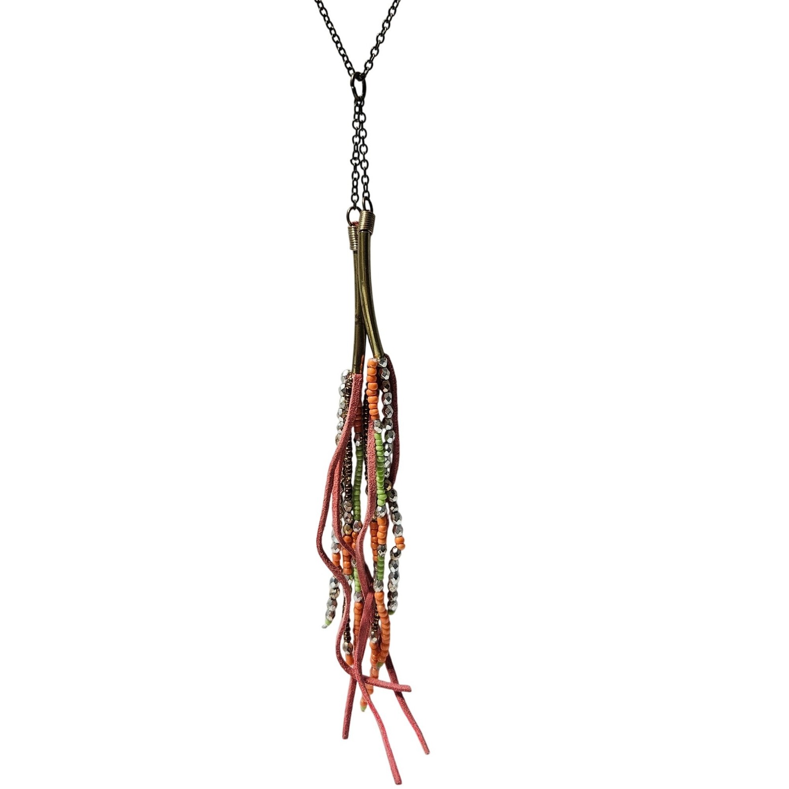 Bohemian Beaded Orange Leather Tassel Necklace Retro 60s 70s Fashion Jewelry
