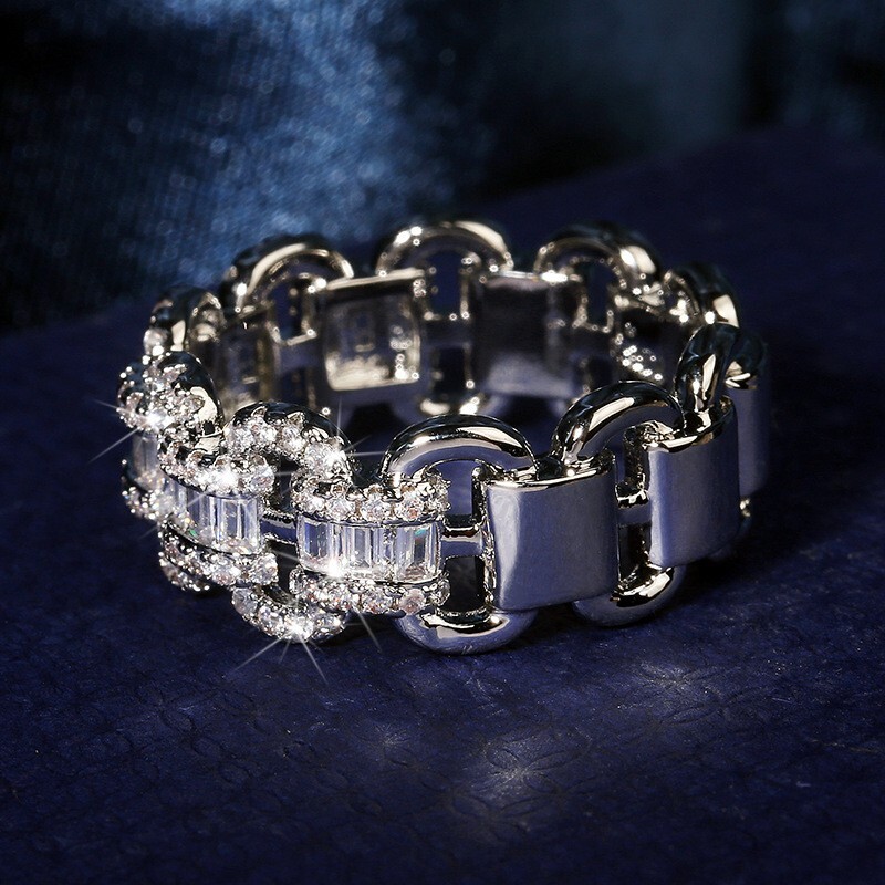 925 Sterling Silver Ring Zircon Women Men Sterling Stone Rings Chain Link Gift