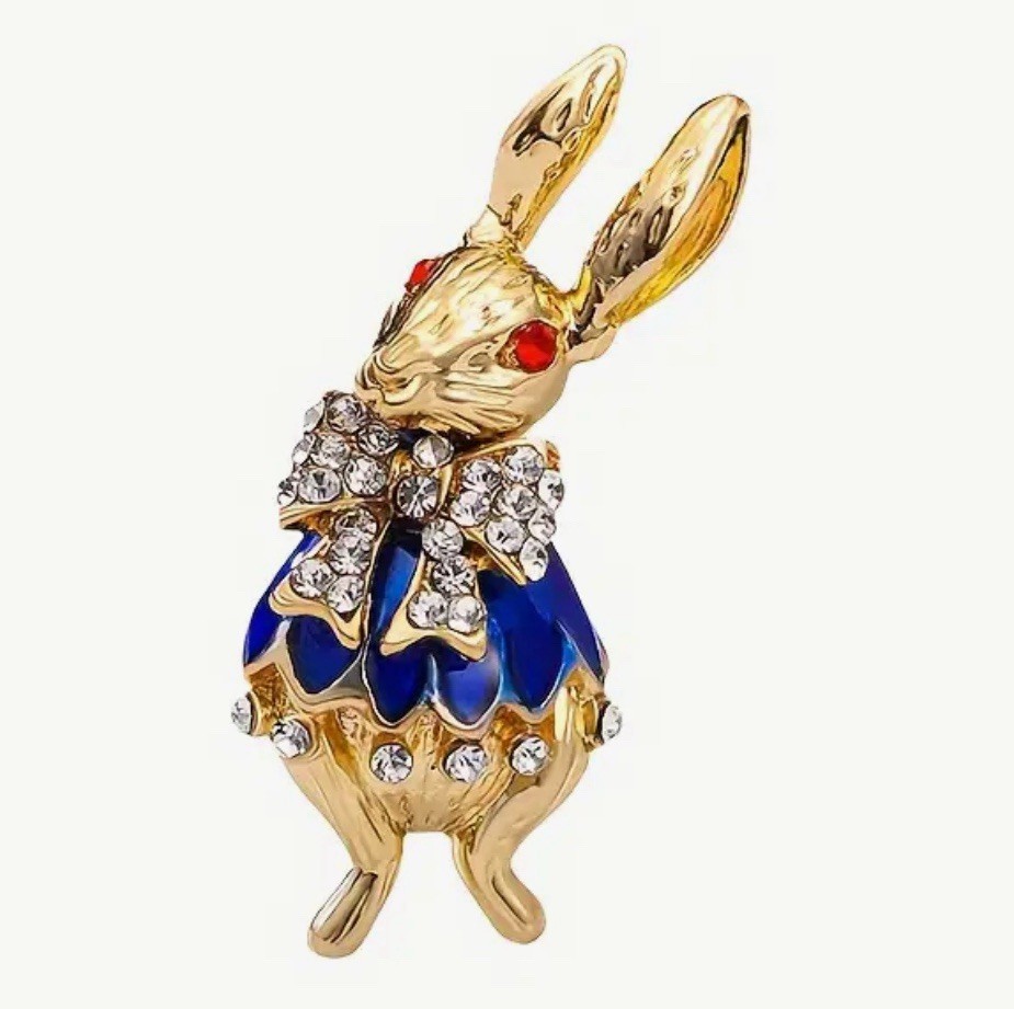Easter Spring Rabbit Bunny Alice In Wonderland Gold Rhinestone Pin Brooch