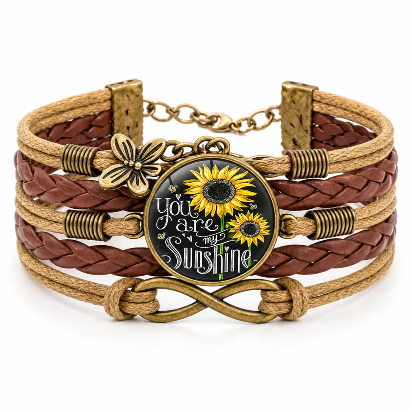 Sunflower Multilayer Leather Wrap Bracelet Women Boho Infinity Charm Bronze Gift