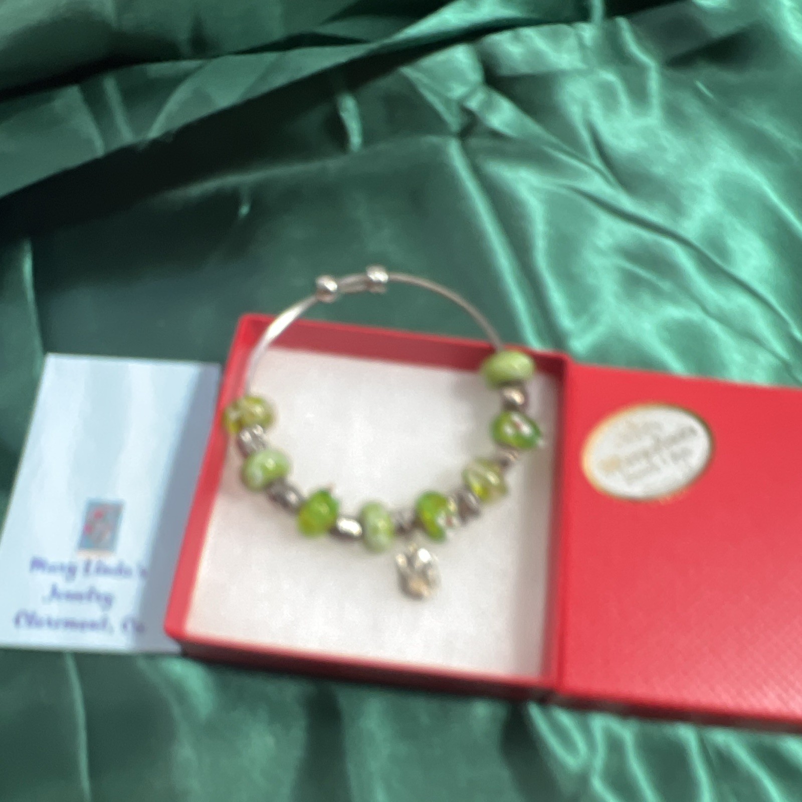 Green Glass Beaded Charm Bangle Bracelet Silver-Tone Dangle Charm Ball Closure