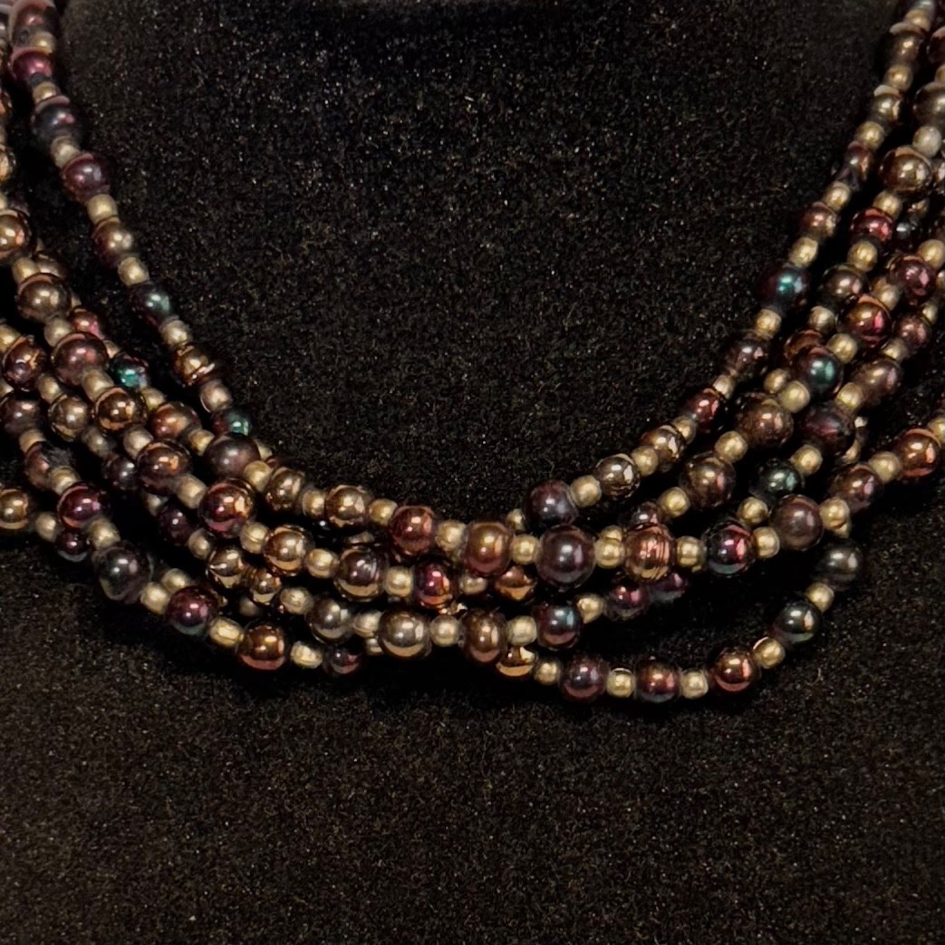 NECKLACE iridescent bronzetone glass beads brasstone metal bead 6 strand 22 1/2″
