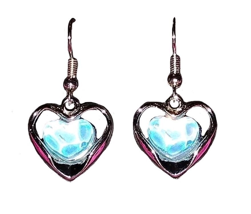 Synthetic Opal Gemstone Inside Silver Heart Drop Dangle Silver Plated Earrings