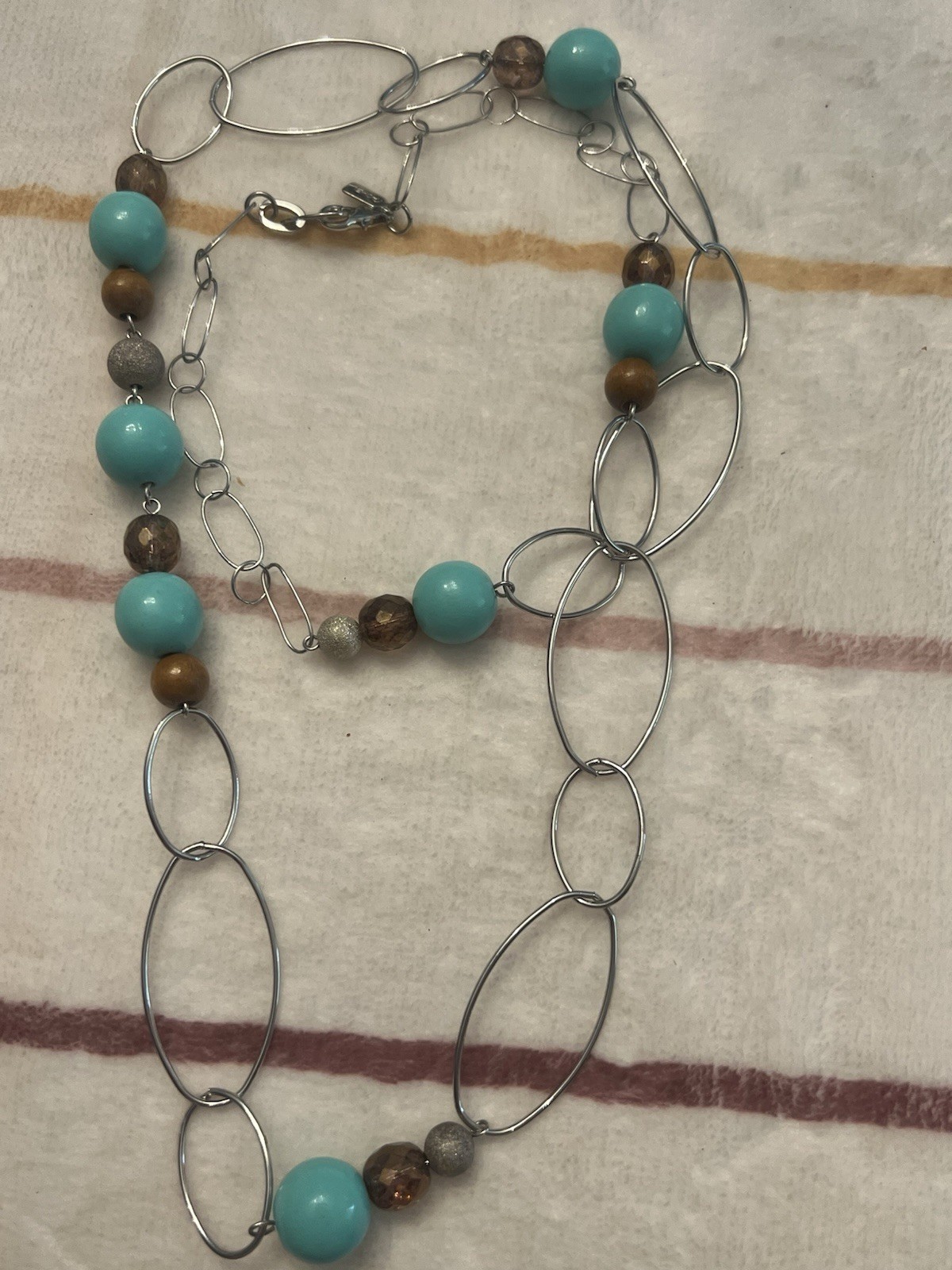 Silver Tone Oval Link Chain Beaded Necklace Blue & Brown Round Beads Lobster