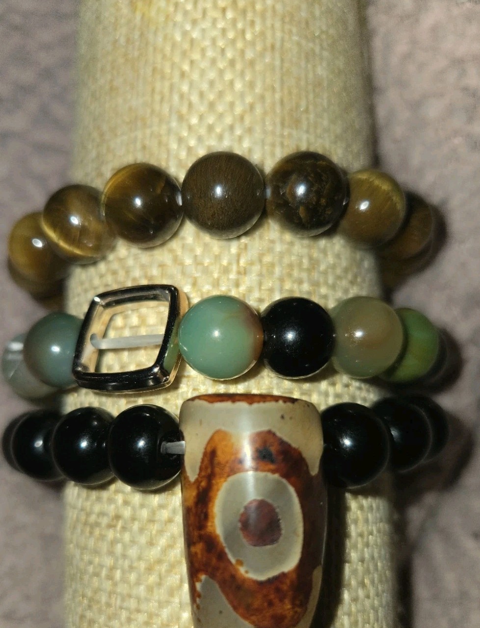 Natural Gemstone Beaded Stretch Bracelets With Dzi Charm(3 Set -Stackable)