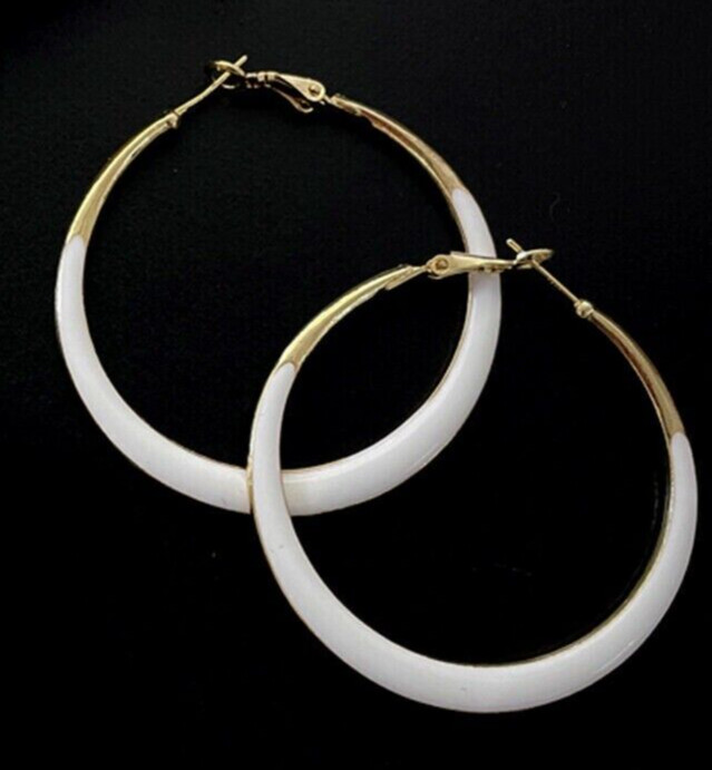 Awesome New Yellow Gold Plated White Enamel Accented Round 2″ Hoop Earrings