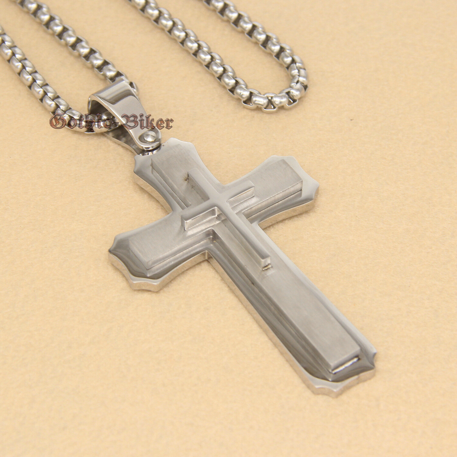 Men’s HUGE Large Heavy Solid 316L Stainless Steel Cross Pendant Necklace 3 Layer