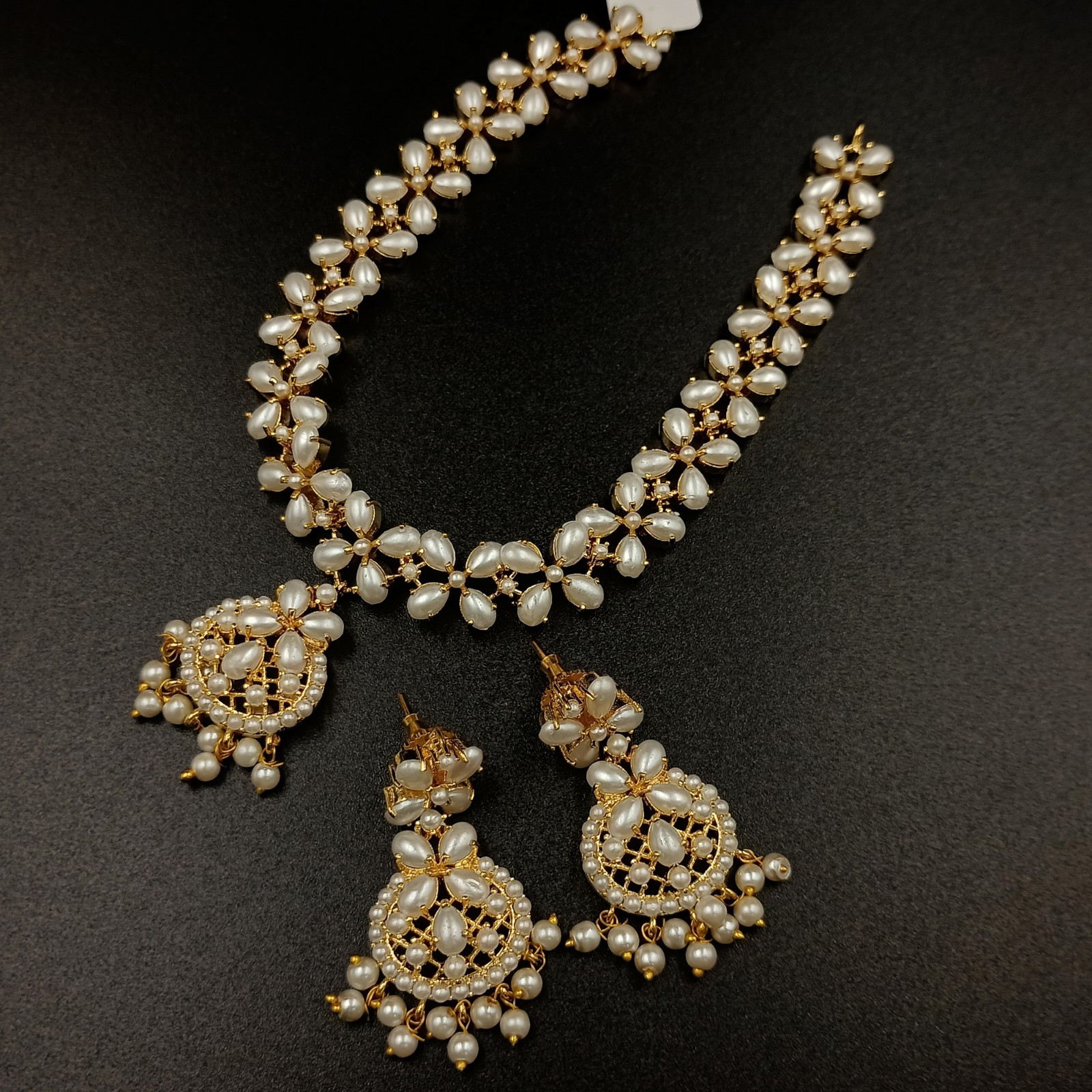 Vintage White Pearl Necklace Set 22K Gold Plated Chain Earrings Bridal Gift