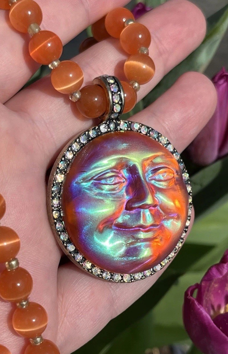 Kirk’s Folly Style Inspired Sea view Moon Face Orange Glow Necklace Rhinestone