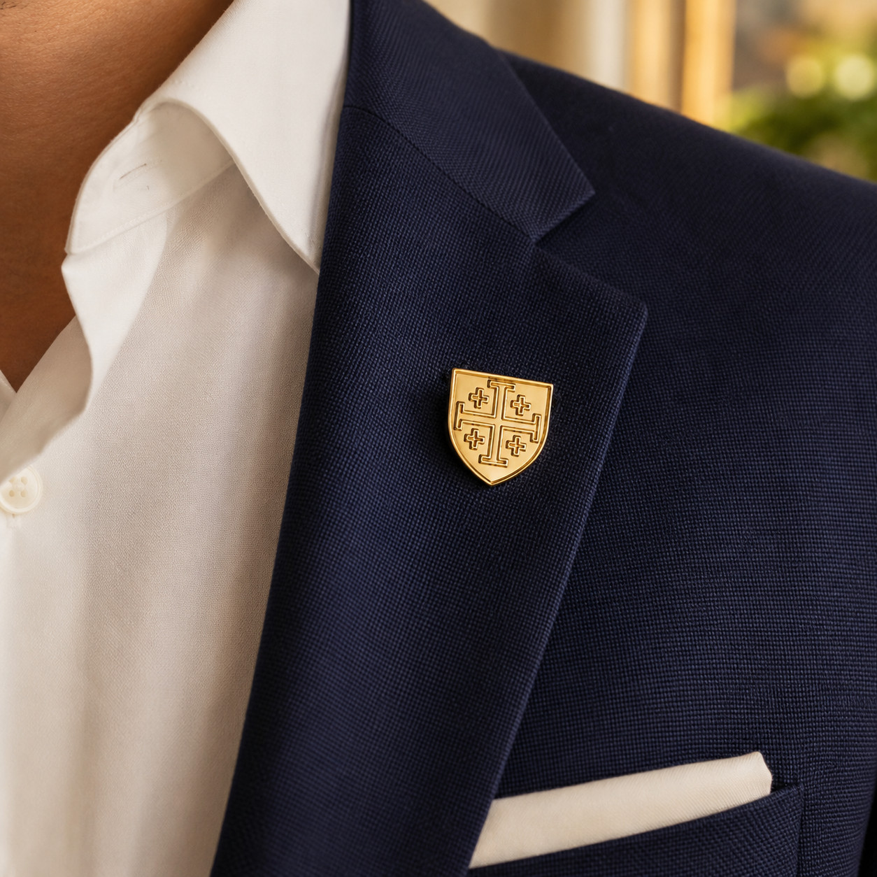 Gold Jerusalem Cross Lapel Pin – Christian Shield Pin, Religious Jewelry, Crusad