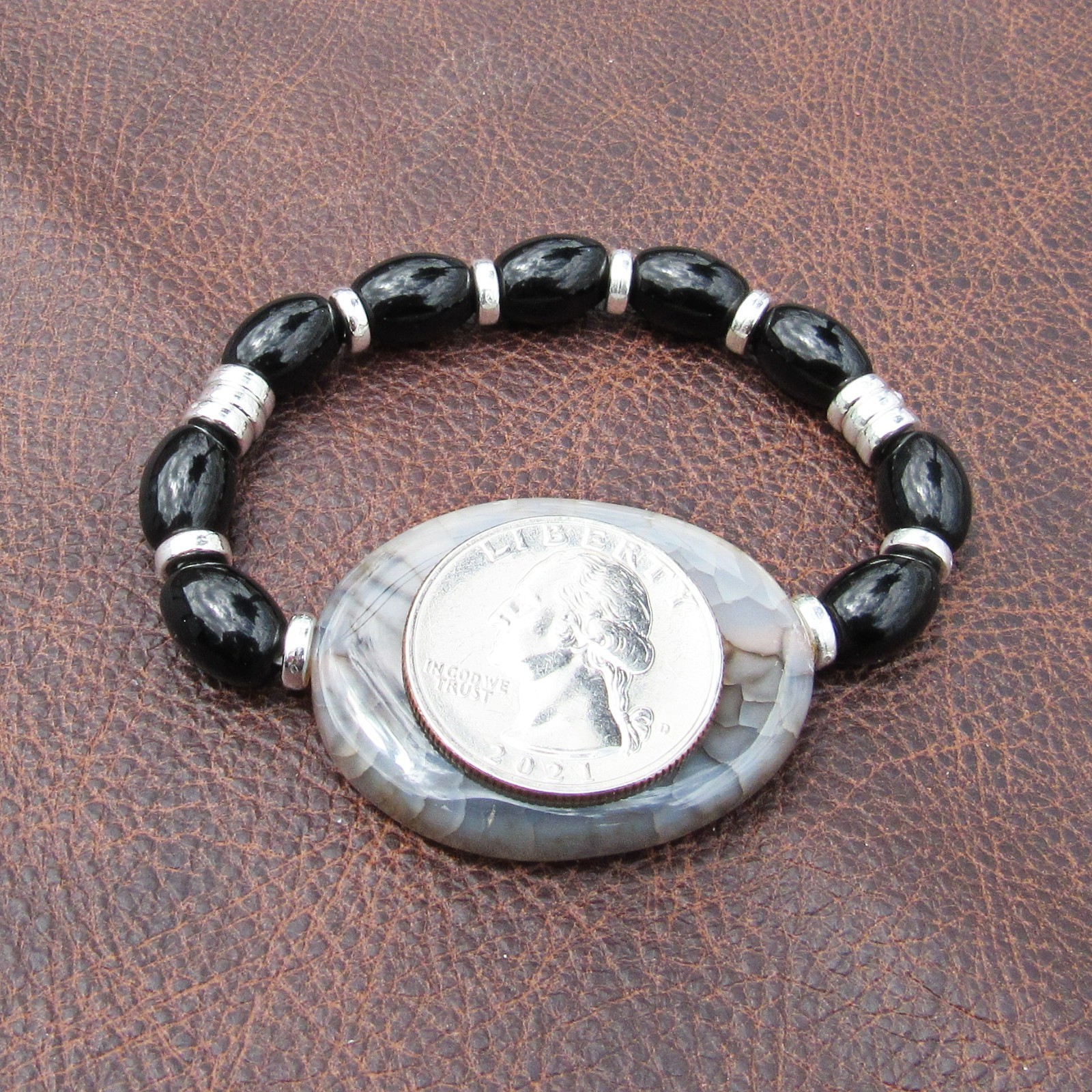 Black Fire Crackle Agate, Black Obsidian Stone Stretchy Bracelet 6 inches