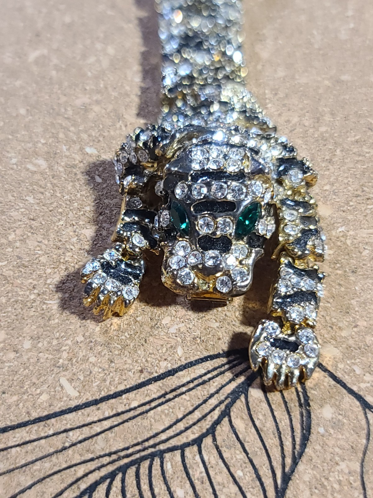 Vtg Articulated Pave Rhinestone Tiger Big Cat Bangle Brooch Green Eye 1980s