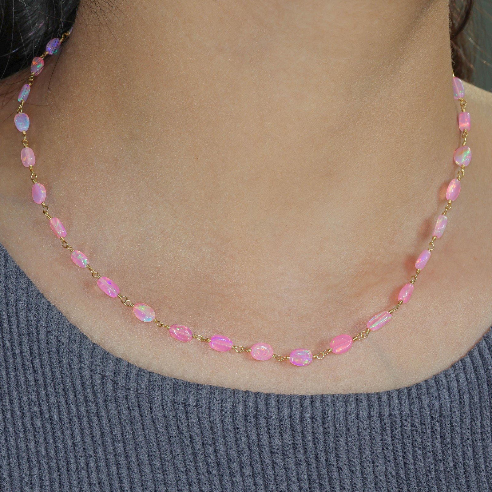 Genuine Pink Opal Tumble Beads Wire Wrap Necklace, Delicate Ethiopian Opal Beads