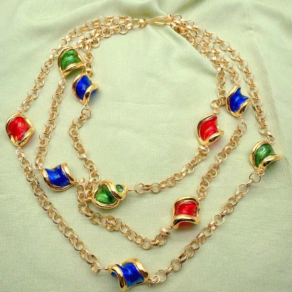 3 Strands Green Blue Red Murano Glass Gold Plated Chain Necklace