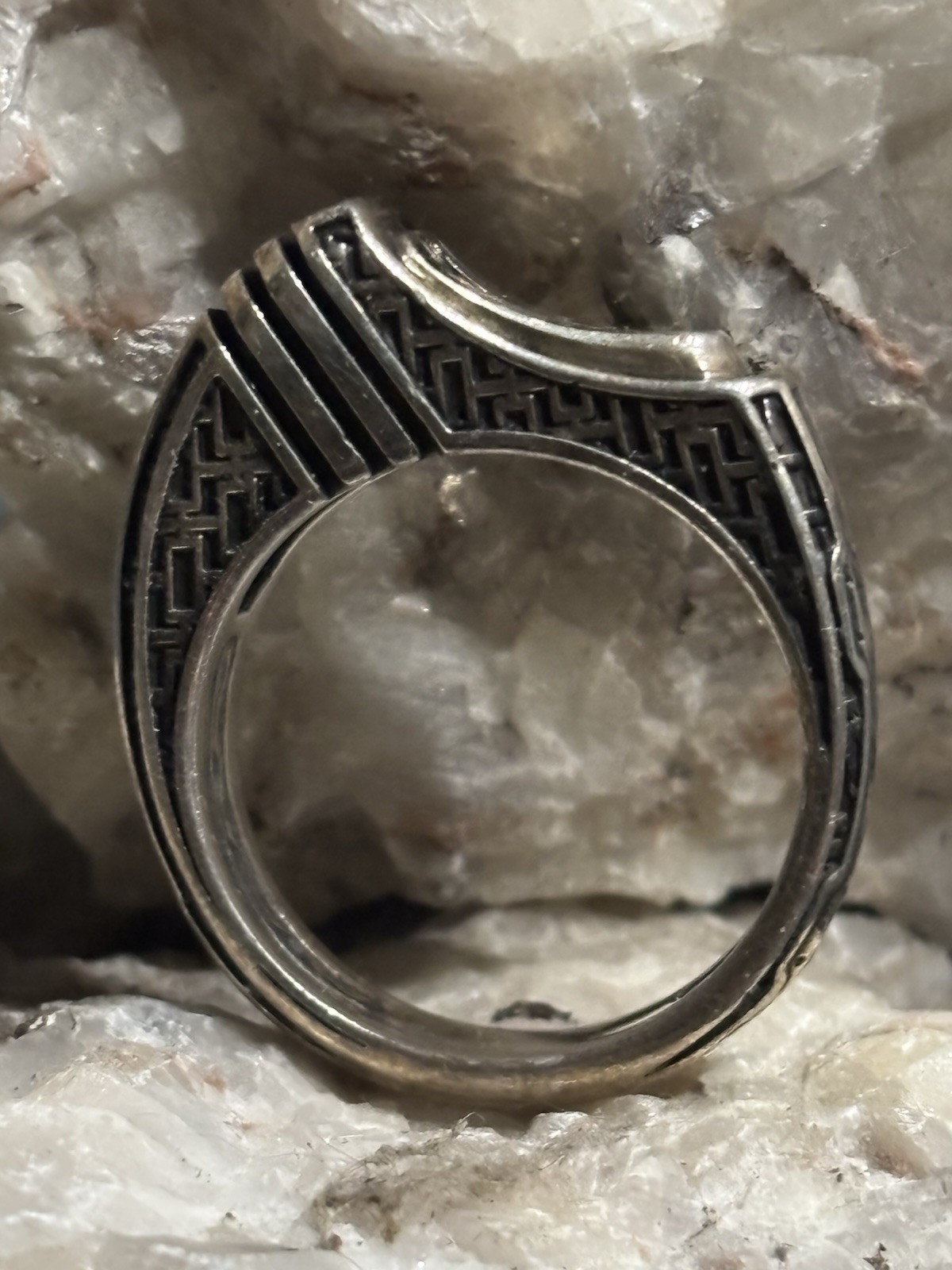 Silver Tone Size 12.5 Signet Band Ring with Geometric Patterned Band