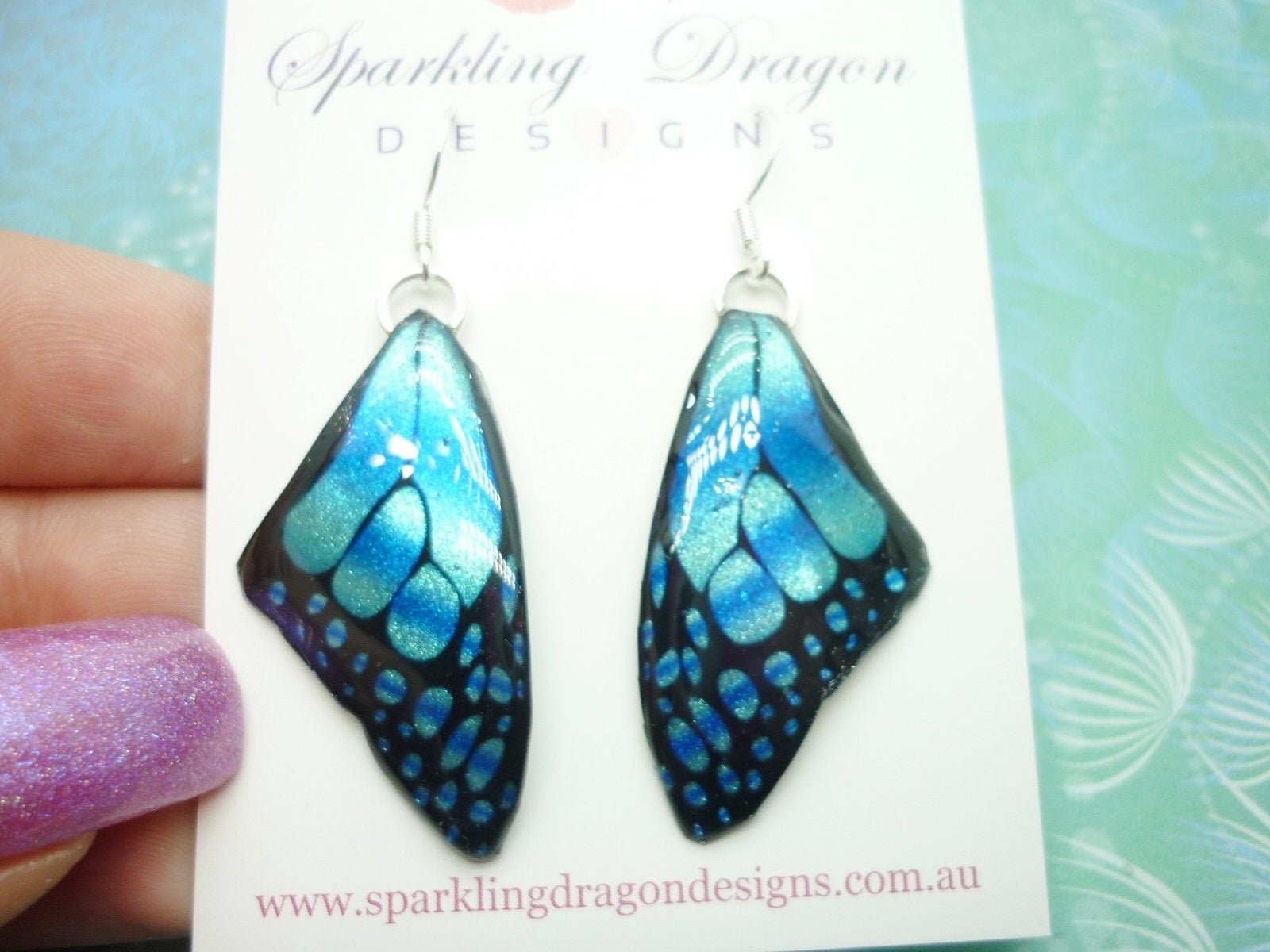 Butterfly Wing Medium Size Earrings Blue Stained Glass- Fairy Jewellery, Fairy