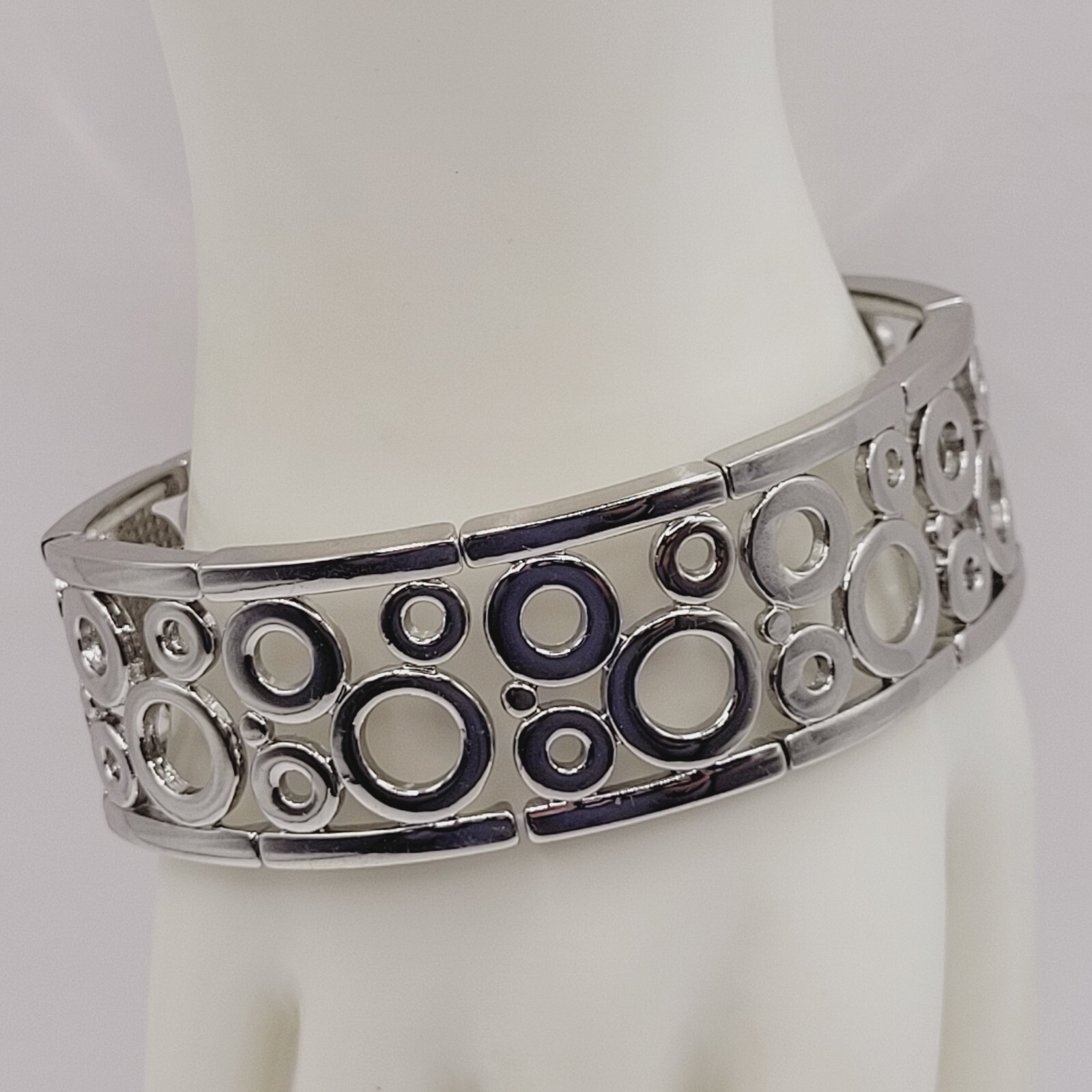 Modern Art Deco Open Circles Shiny Silver Tone Stretch Modernist Bracelet