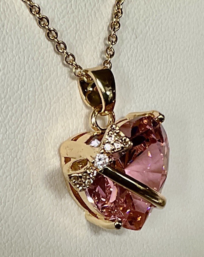 Pink Heart Cut Necklace – 13mm Or 12.0ctw – Goldtone Setting – 18” Chain !!!
