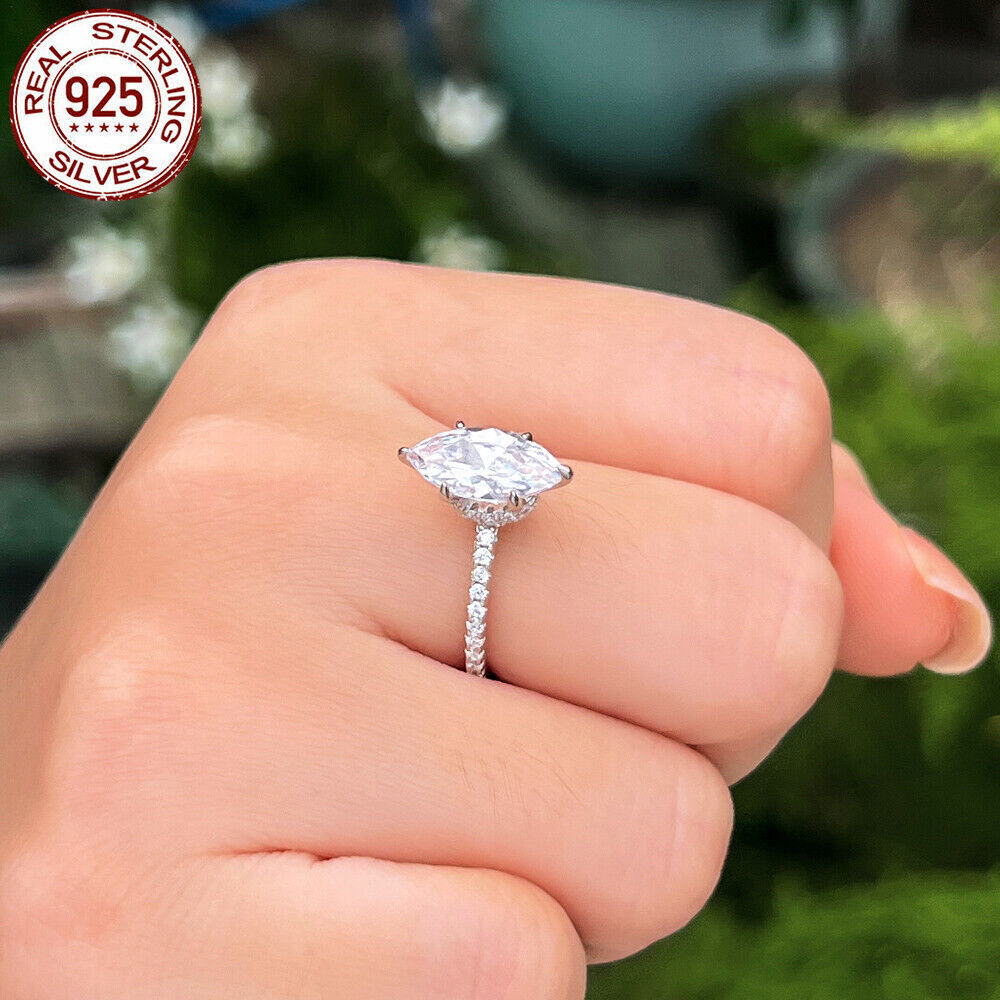 925 Sterling Silver Ring Gold Plated CZ White Marquise Cut Wedding Engagement