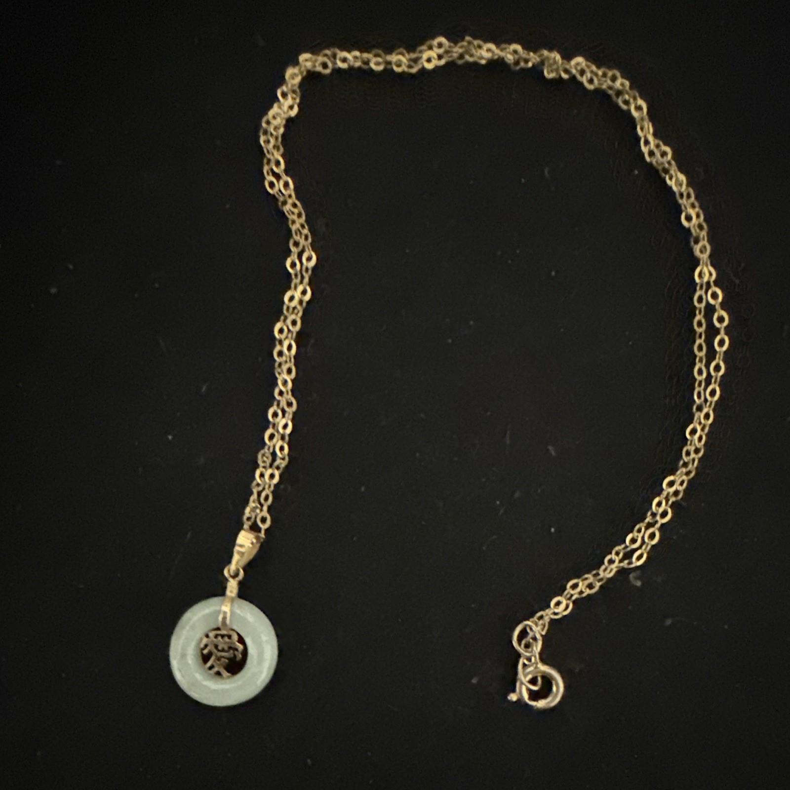 14k Gold & Jade “Good Luck” Pendant, 16“ gold tone chain