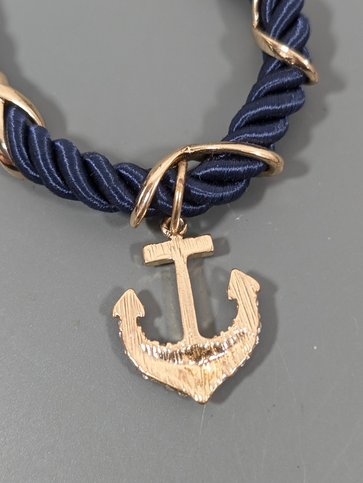 Nautical Coastal Blue Cord Gold Tone Anchor Pave Rhinestone Bracaelet 9 in