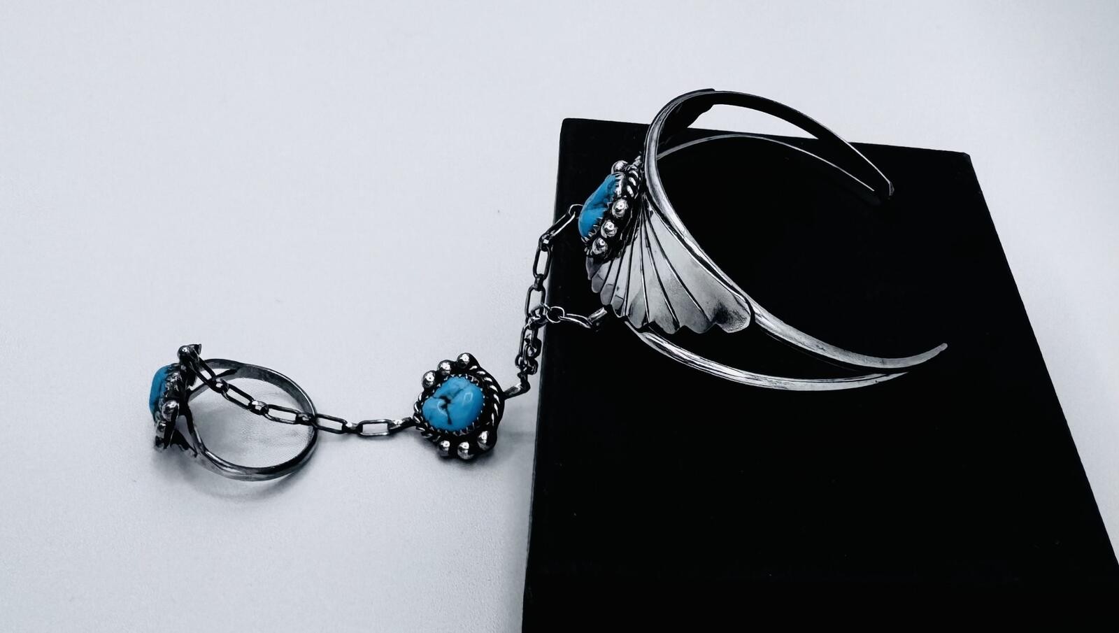 Navajo Native American sterling silver slave cuff;bracelet to hand chain to ring