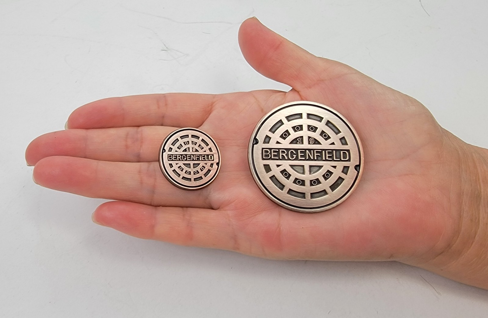 Bergenfield Miniature Manhole Cover Replica Brooch Pin Badge Keepsake Three Pack