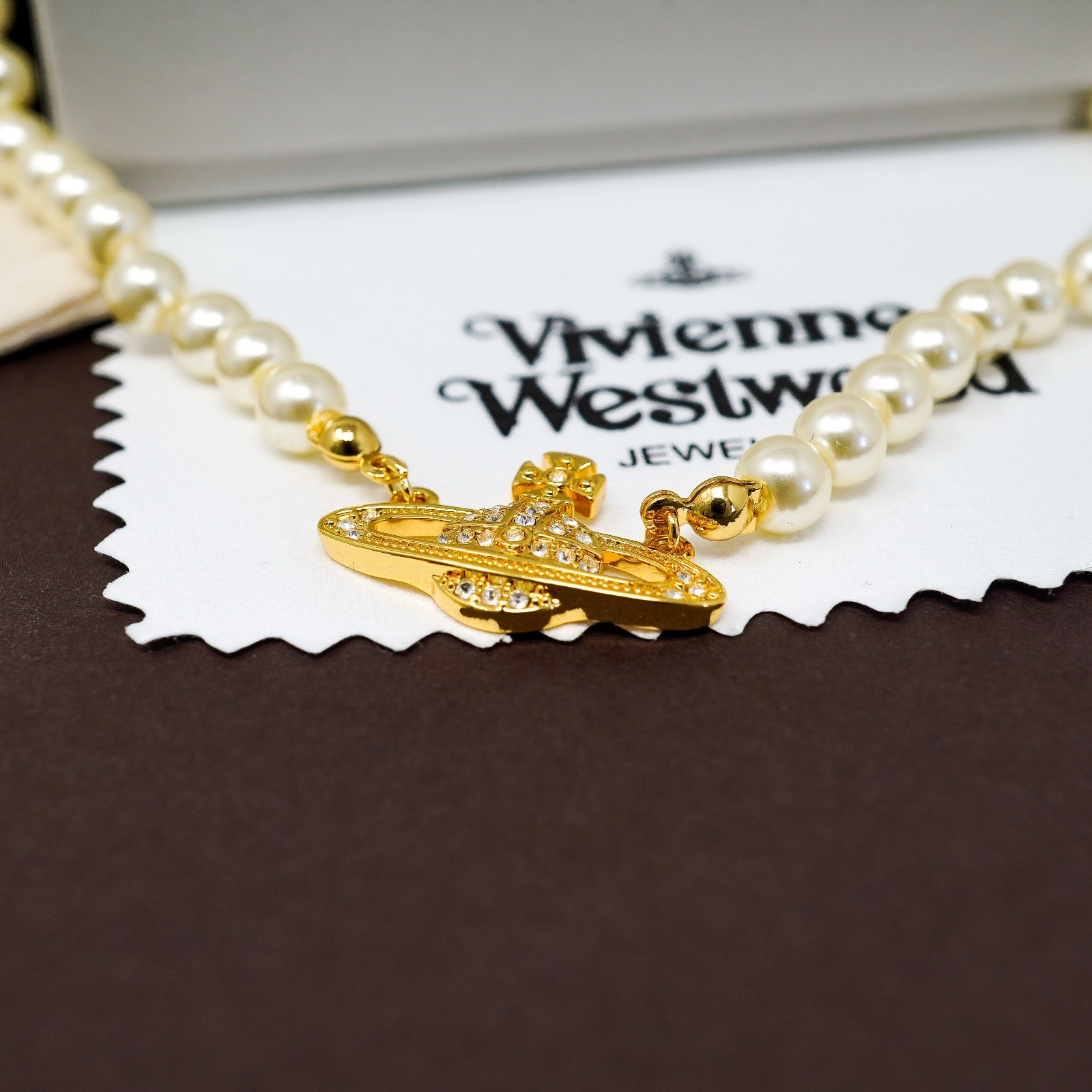 Vivienne Westwood Necklace Bas Relief Pearl & Gold Pendant With Crystals & Box