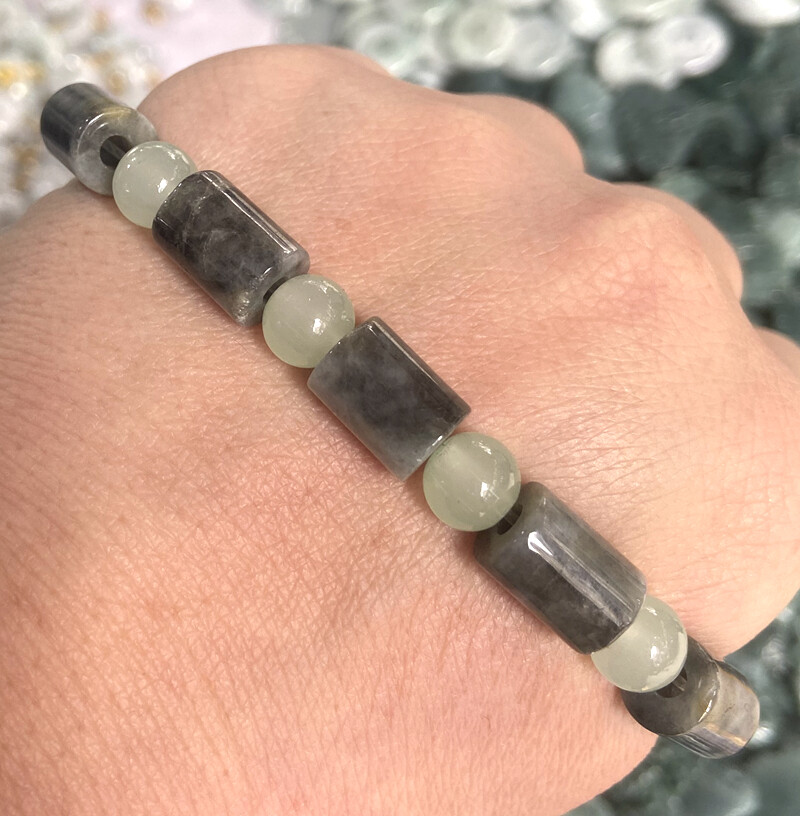 Certified Gray Natural Type A Jade Jadeite Carved Circle 路路通 Bead Bracelet 7.5“