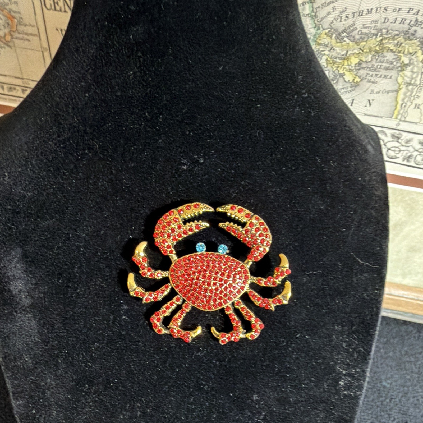 Gold Tone Red Rhinestone Crab Brooch Pin Pavé Setting Blue Eyes 2 in