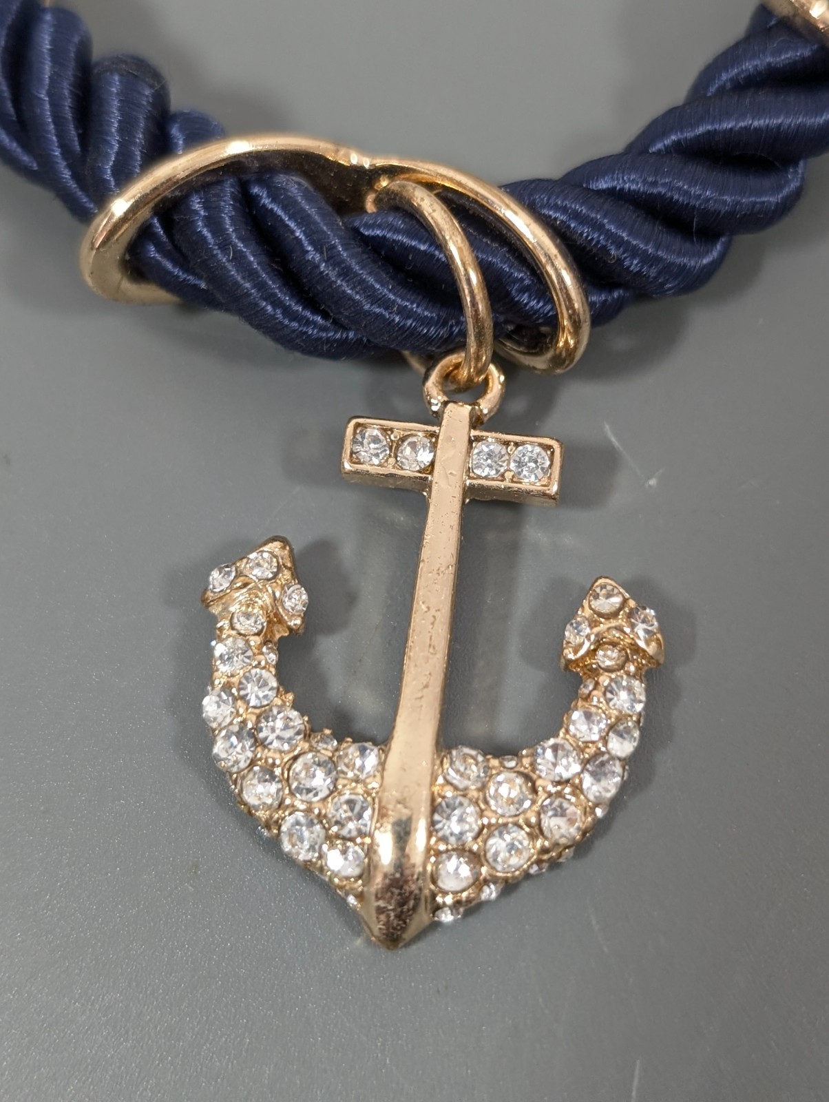 Nautical Coastal Blue Cord Gold Tone Anchor Pave Rhinestone Bracaelet 9 in