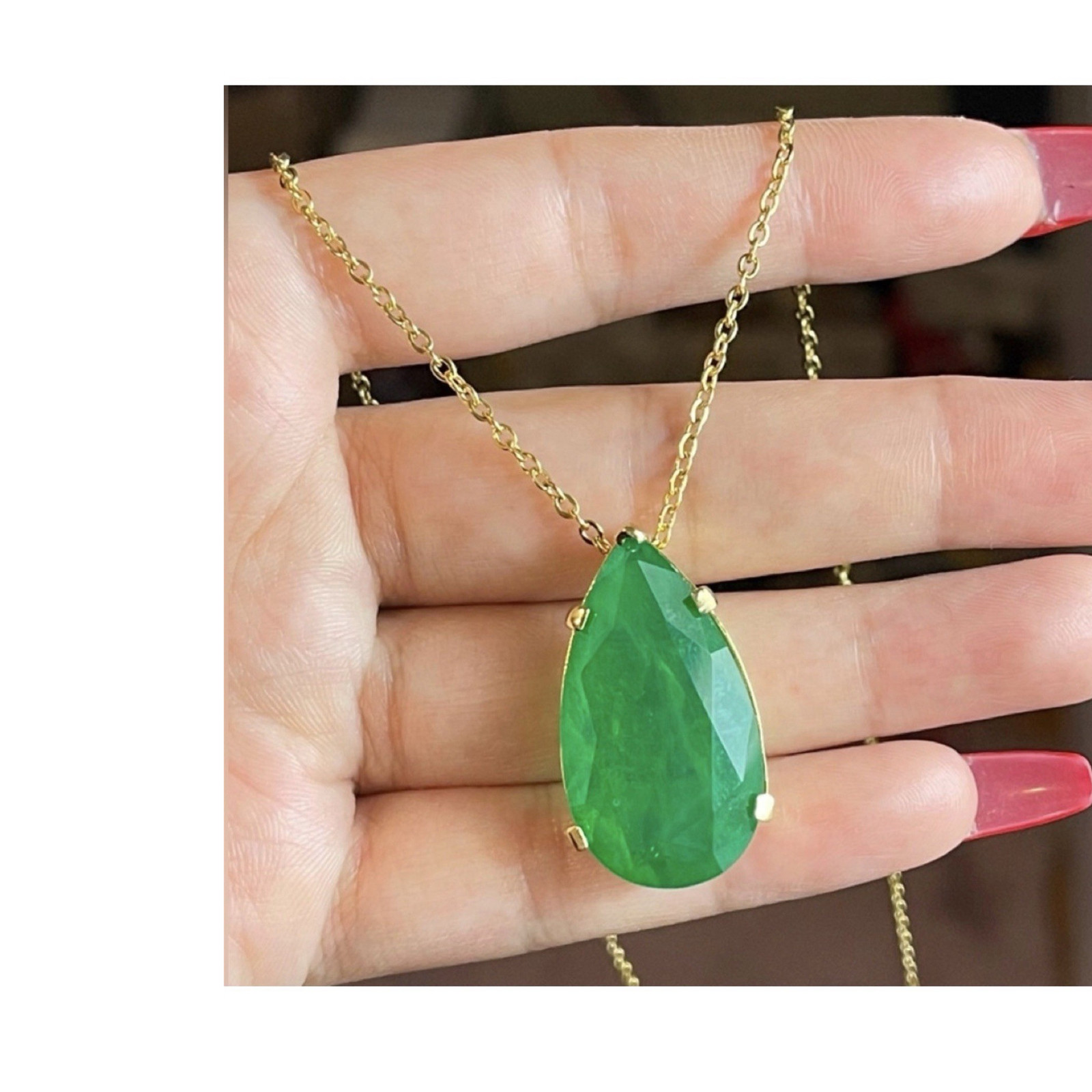 Green Pear 100% Zambian Emerald Necklace & Earrings Jewelry Elegant Teardrop