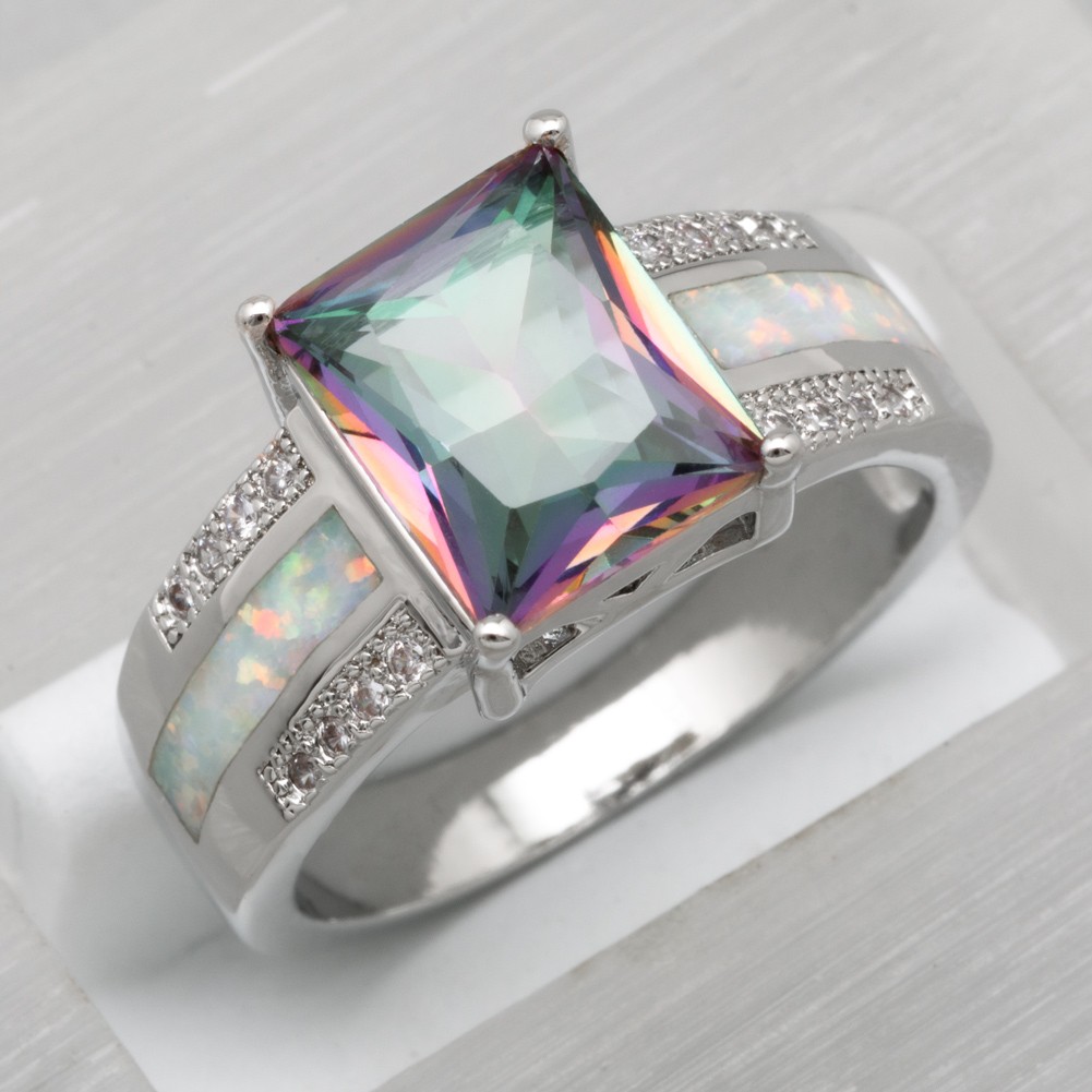 8×10 Rectangle Mystic Topaz White Fire Opal Silver Jewelry Women Ring SZ 7 8 9