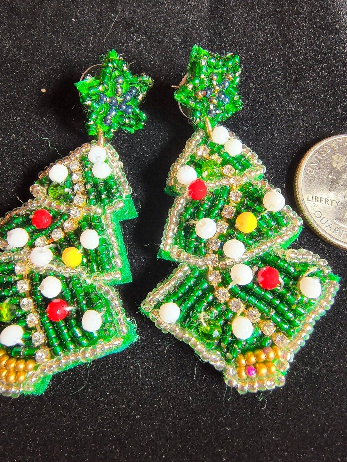 Vintage Handmade Beaded Christmas Tree Earrings Rhinestone Glass Bead