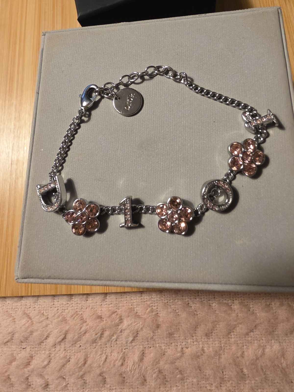 Dior Signed Silver Tone Charm Chain Bracelet Pink Crystal Flower Charms