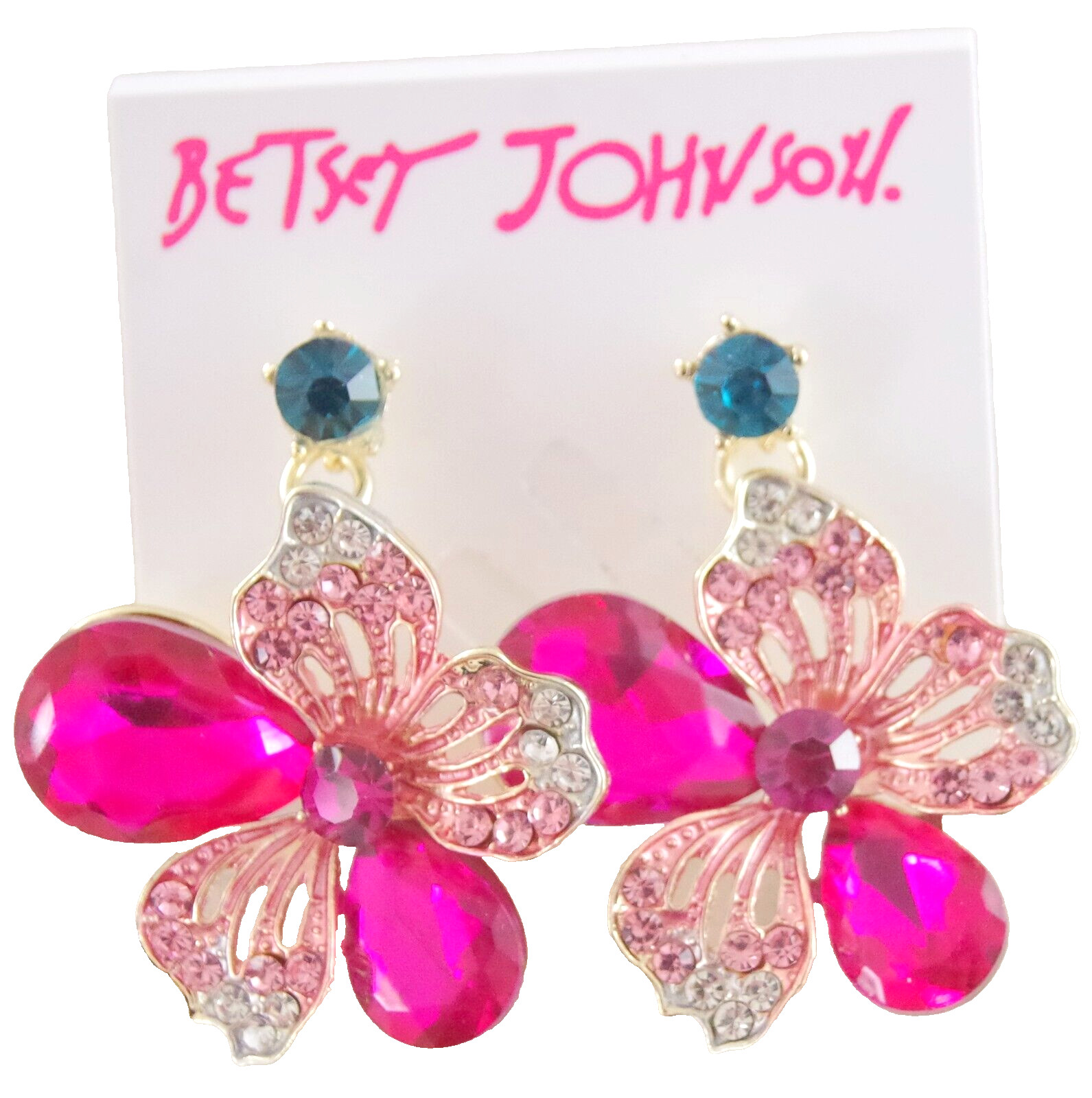 BETSEY JOHNSON MULTICOLOR CRYSTAL FLORAL NECKLACE FLOWER DROP DANGLE EARINGS SET