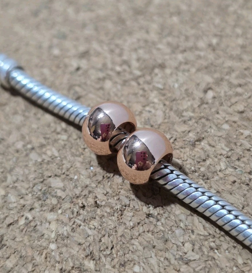2 Rose Gold Over Silver Smooth Spacer European Charm Beads Lot
