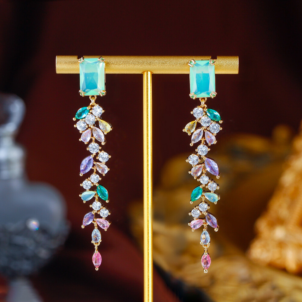 CZ Green Baguette Multicolor Leaf Long Drop Earrings Gold Plated Wedding Jewelry