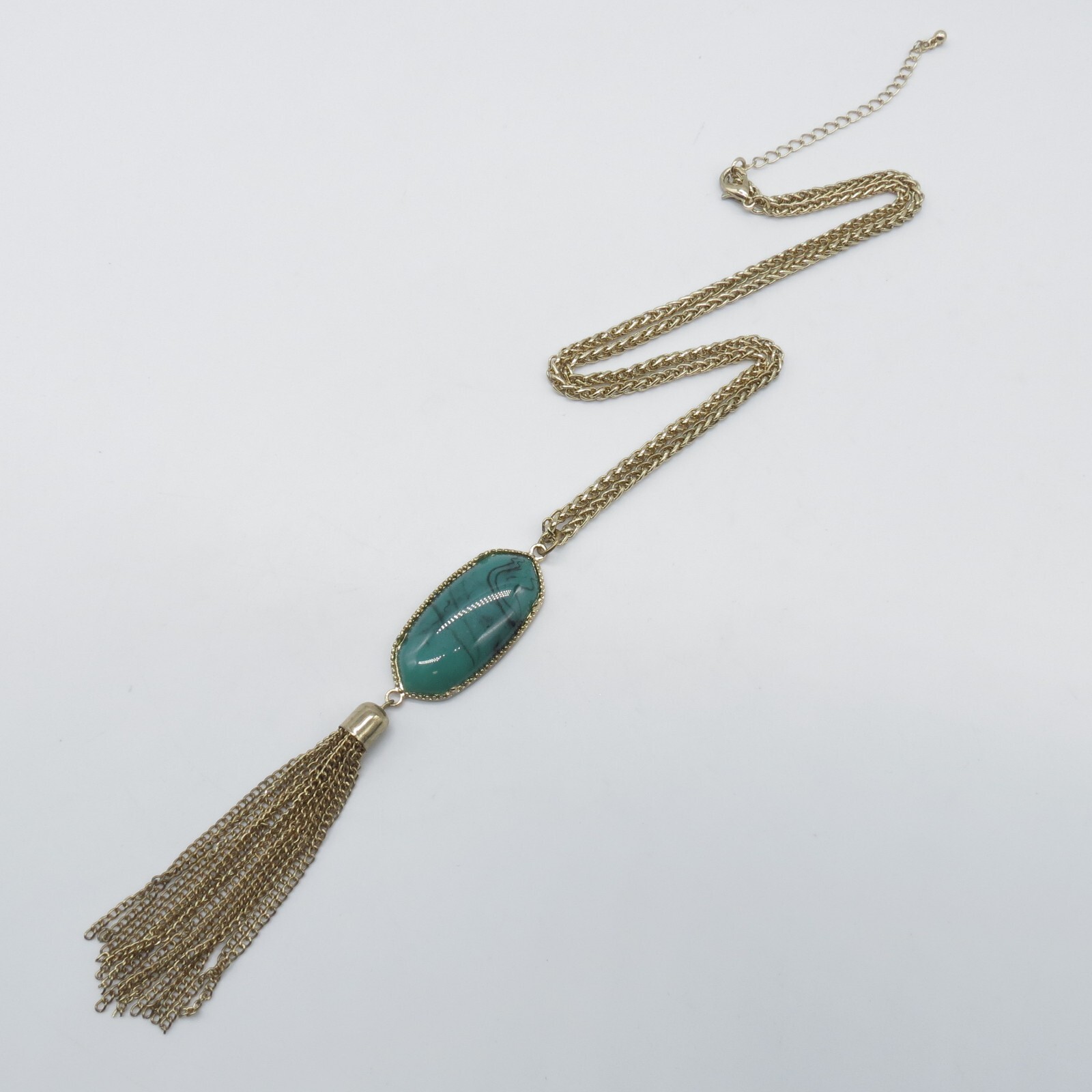 Green Hard Resin Cabochon Fringe Y Drop Necklace Gold Tone Long Wheat Chain 24″