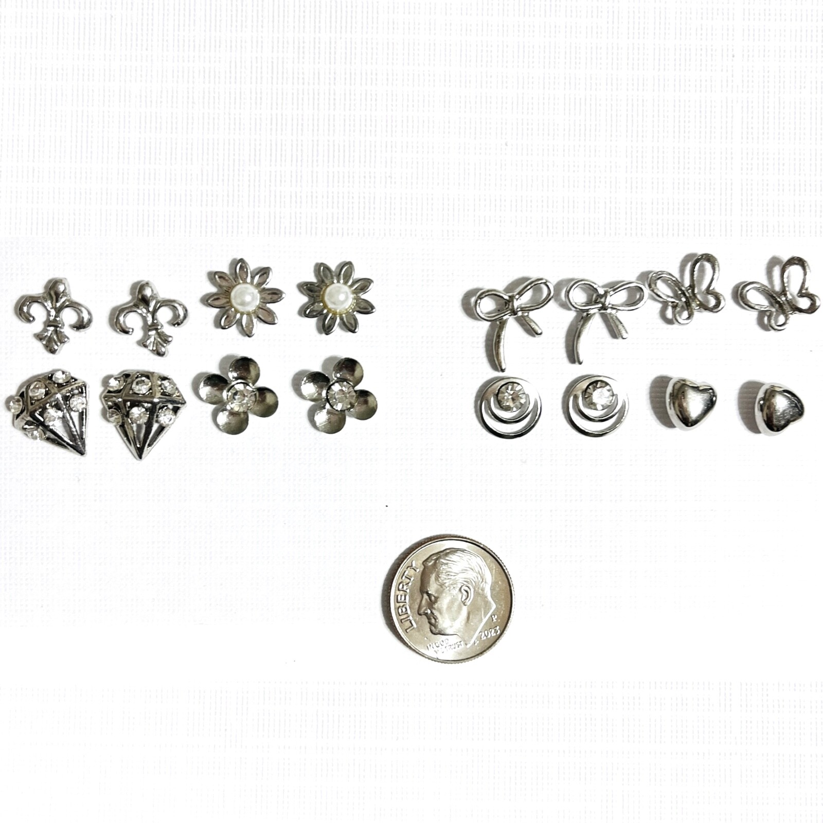 Vtg – Now Lot Silver Tone Pierced Earrings Studs 8 Pair Flower Bow Heart Retro