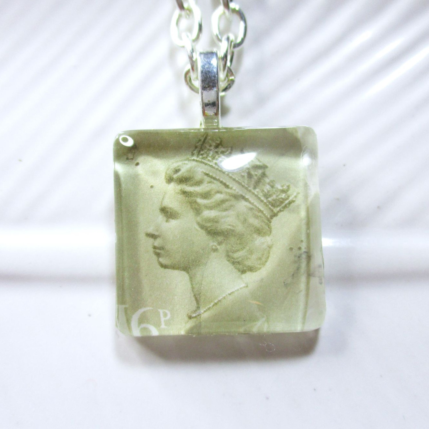 Handmade Authentic Postmarked Queen Elizabeth Postage Stamp Glass Tile Necklace