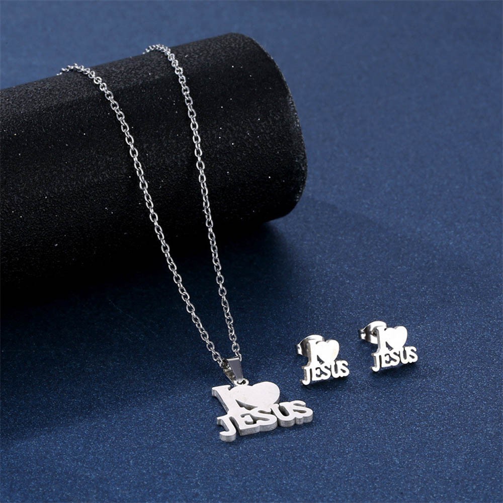 I LOVE JESUS Stainless Steel Pendant Necklace & Earrings Set – Christian Jewelry