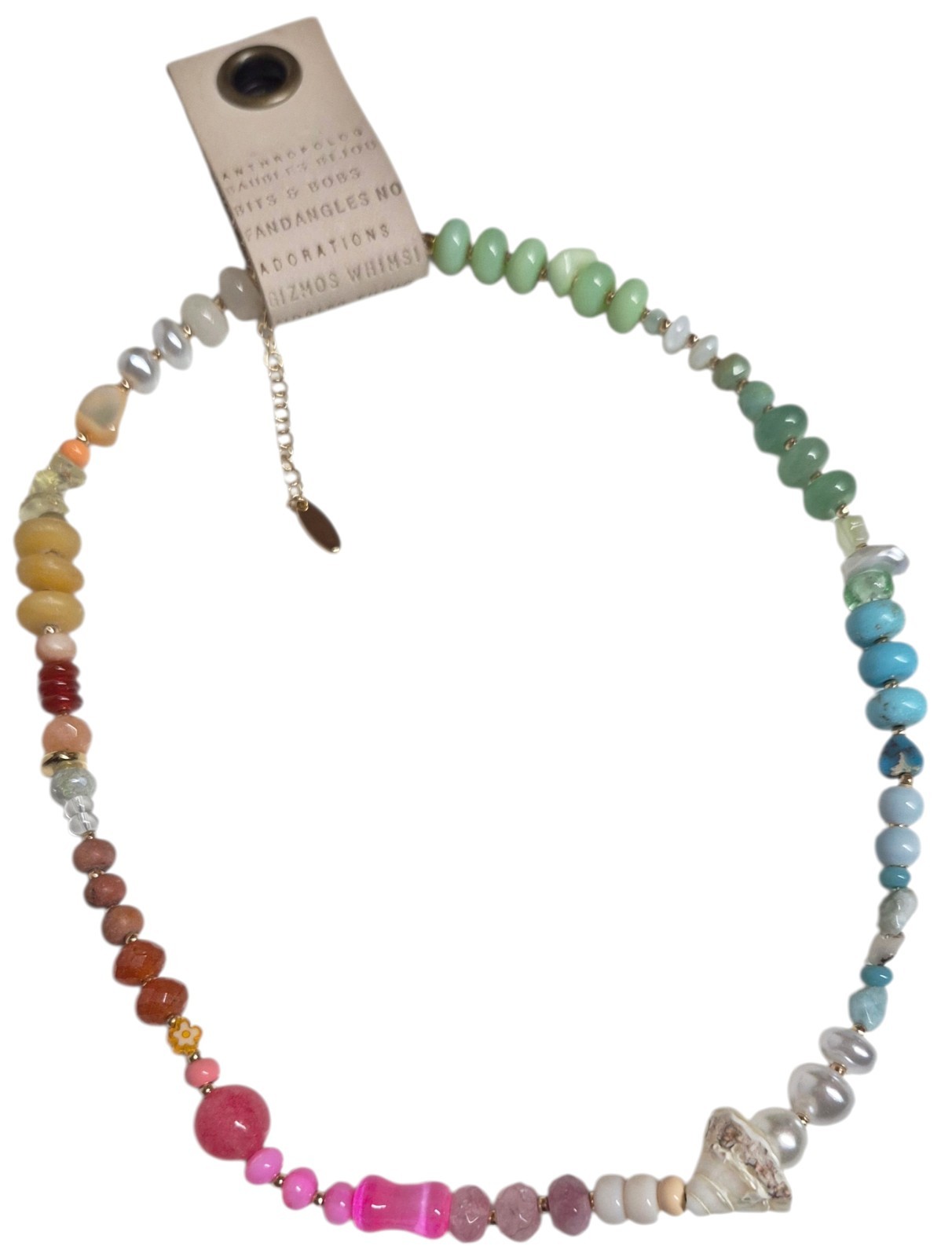 Anthropologie Beaded Shell Charm Necklace Multi-Color Gold Plated Brass New