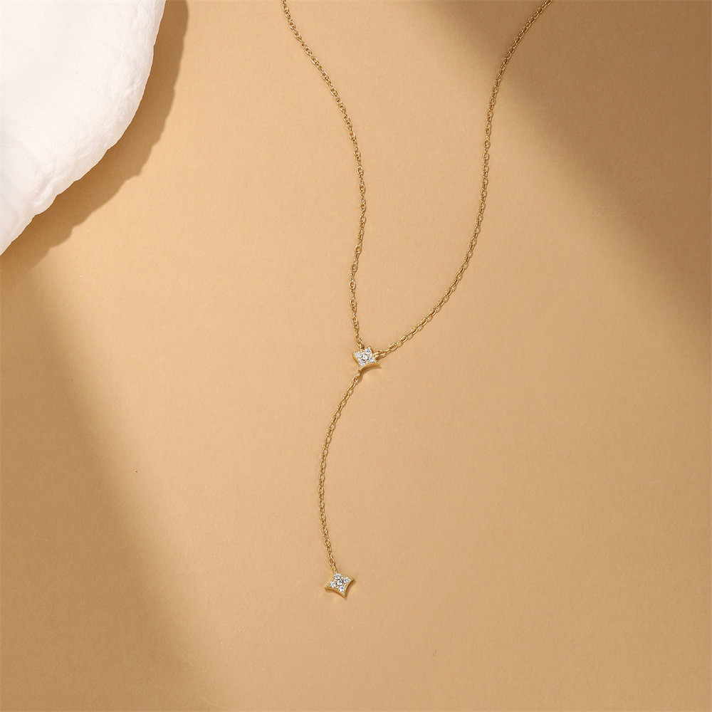 Gold Plated 925 Sterling Silver CZ Four Point Star Y Lariat Necklace