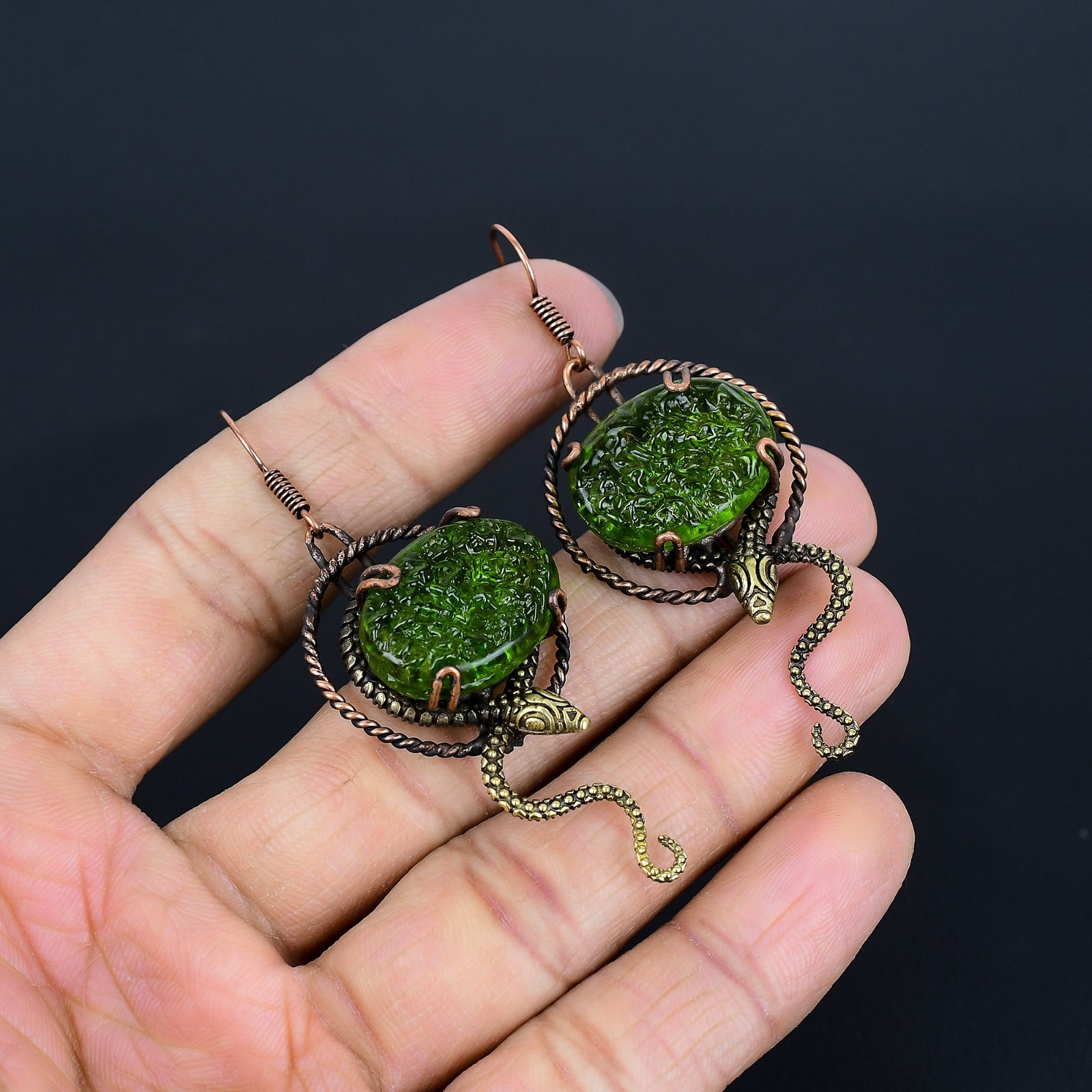 Moldavite Handmade Gemstones Copper Wire Wrap Earrings Jewelry Gift For Sister