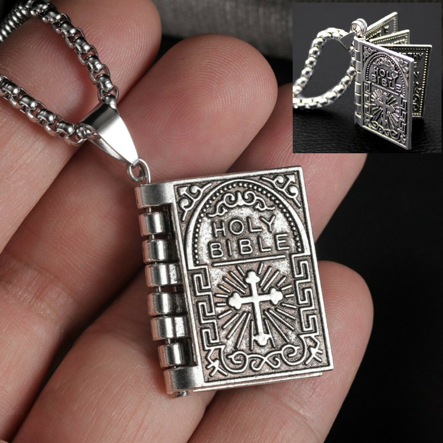 2× Stainless Steel Silver Bible Open Pages Pendant Unisex Necklace Lord’s Prayer