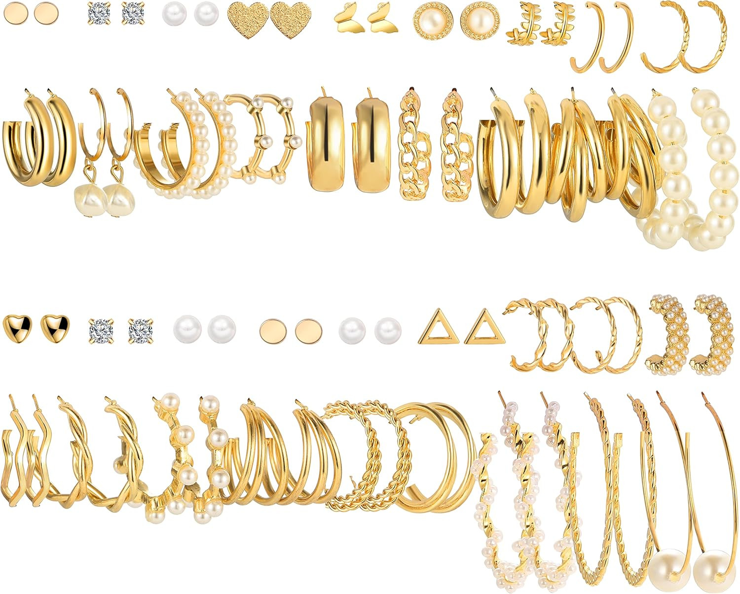 36 Pairs Gold Earrings Set for Women, Fashion Pearl Chain Link Stud Drop Dangle