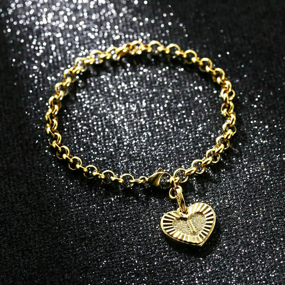 Women Gold Plated Stainless Steel Bracelet Heart Charm 8 inch 5mm Cable Chain